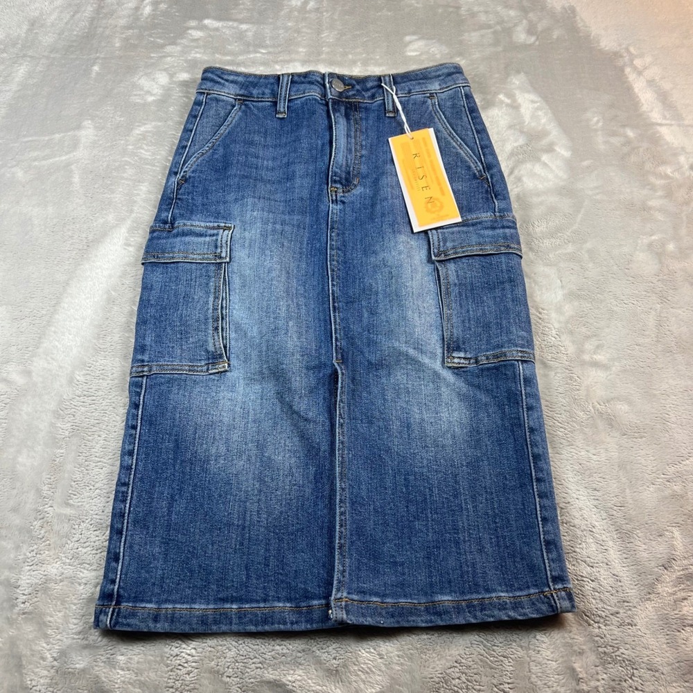 NWT Risen Women's Size S Denim Midi Skirt Dark Wash Cargo Utility RDS6161